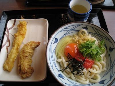 明太子釜玉うどんといか天とかしわ天