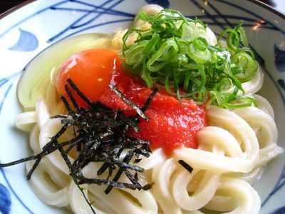 明太子釜玉うどんのアップ